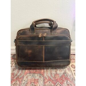 Augus Mens Brown Genuine Leather Briefcase Laptop Messenger Bag Distressed NEW